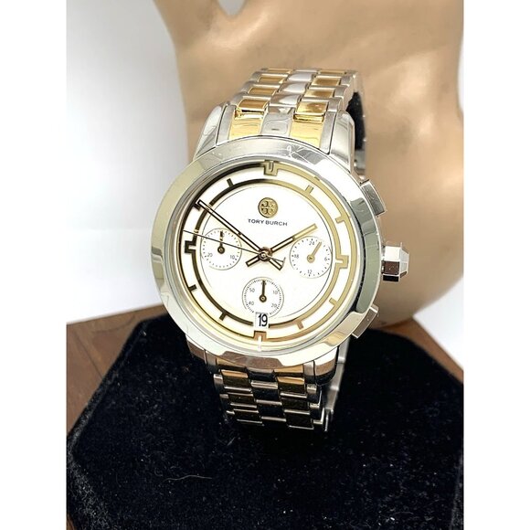 Tory Burch Women's Watch TBW1052 Quartz Chronograph Cream Dial Two Tone Steel - Picture 1 of 13